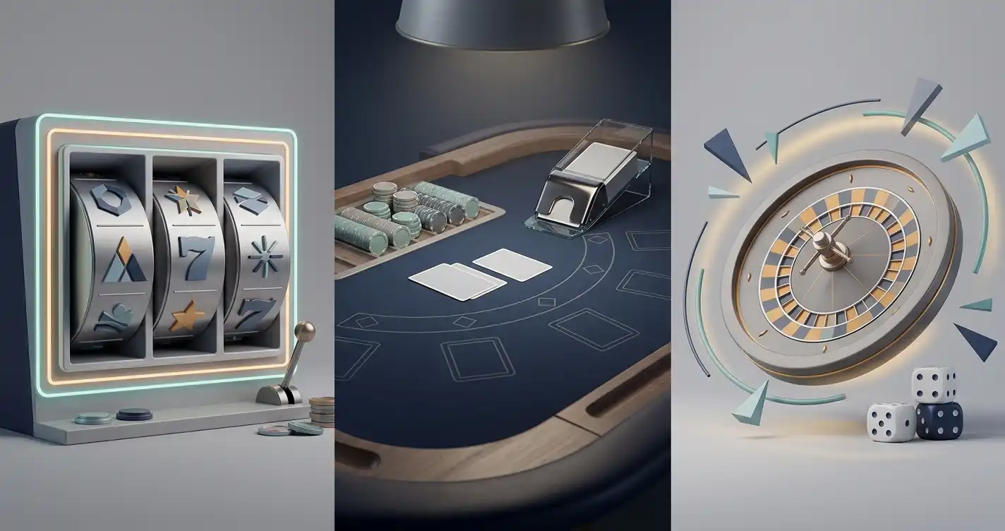 Editorial casino collage representing slots live dealer and table games