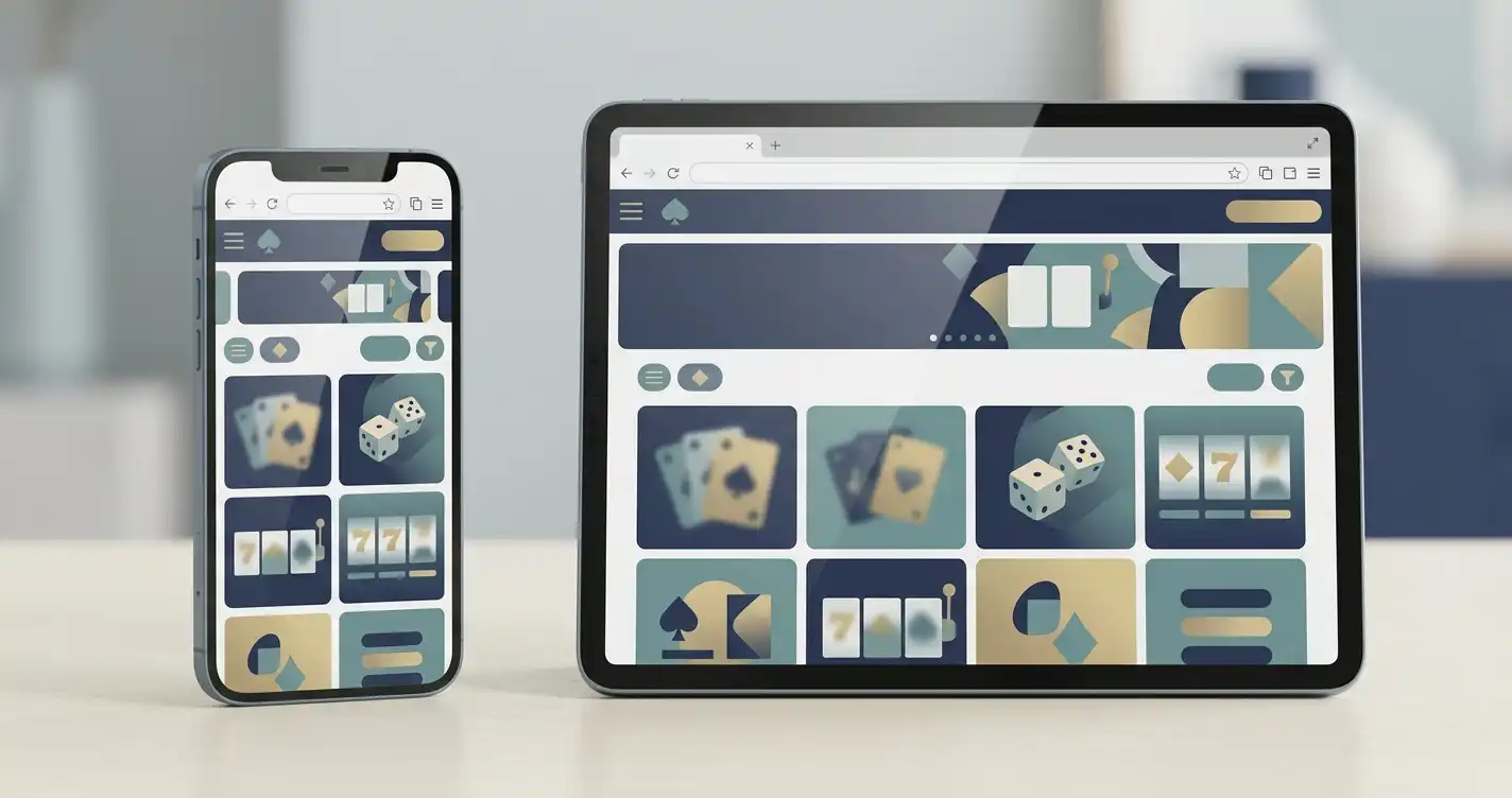 Illustration of a smartphone and tablet showing a generic mobile casino browser layout
