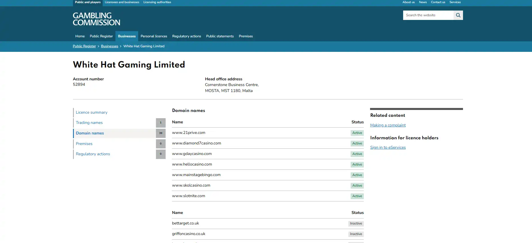UK Gambling Commission domain list for White Hat Gaming Limited showing Skol Casino and related domain statuses