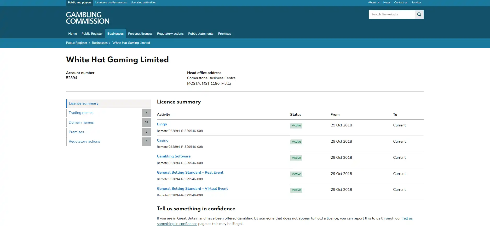 UK Gambling Commission public register record for White Hat Gaming Limited and Skol Casino