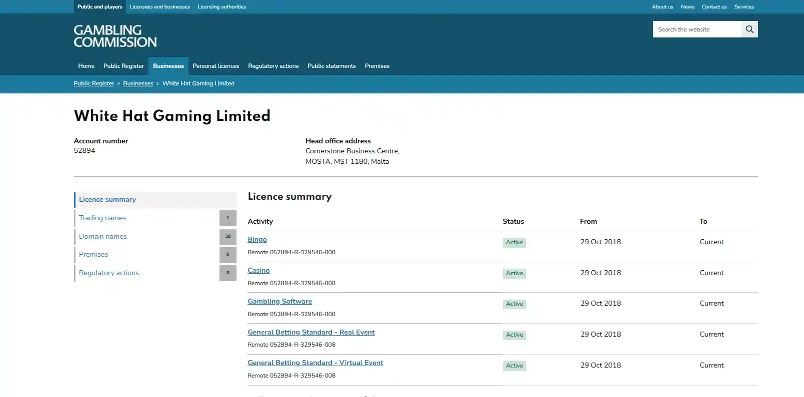UK Gambling Commission register entry showing White Hat Gaming Limited and Skol Casino domain evidence